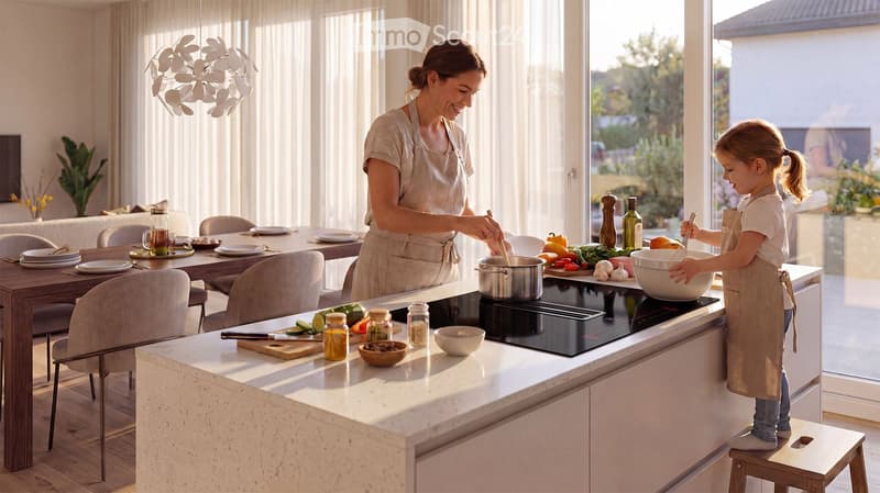 Modern kitchen with an induction stove, a wooden dining table, and various cooking utensils. A woman and a child are cooking together.