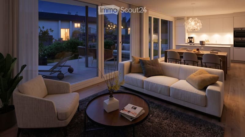 Modern living room with a white sectional sofa, coffee table, armchair, and dining area with a table and chairs. The room features large glass doors leading to a patio with outdoor furniture.