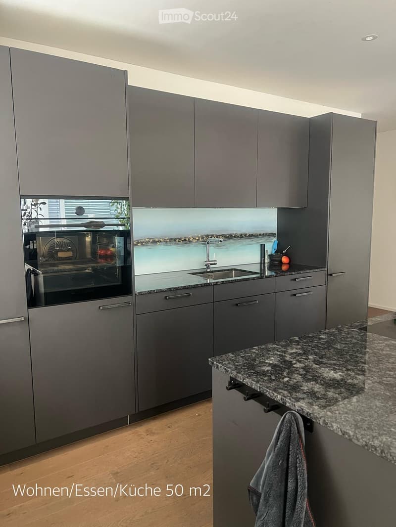 Modern kitchen with grey cabinets, granite countertop, stainless steel sink, and built-in oven. Wooden flooring and a small towel hanging from a cabinet handle.