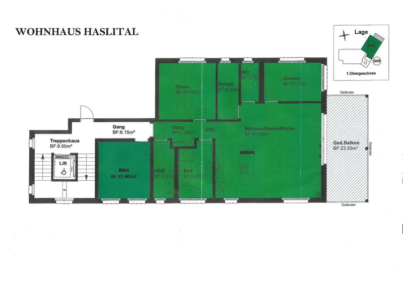 Floor plan of a residential house with labeled rooms including living/dining/kitchen area, bedrooms, bathroom, hallway, staircase, and balcony.
