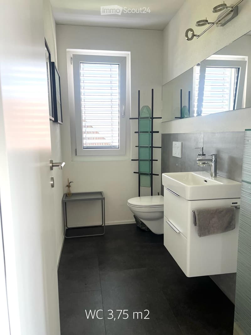 Modern bathroom with white walls, dark tiled floor, sink, toilet, mirror, and a small table with a decorative item.