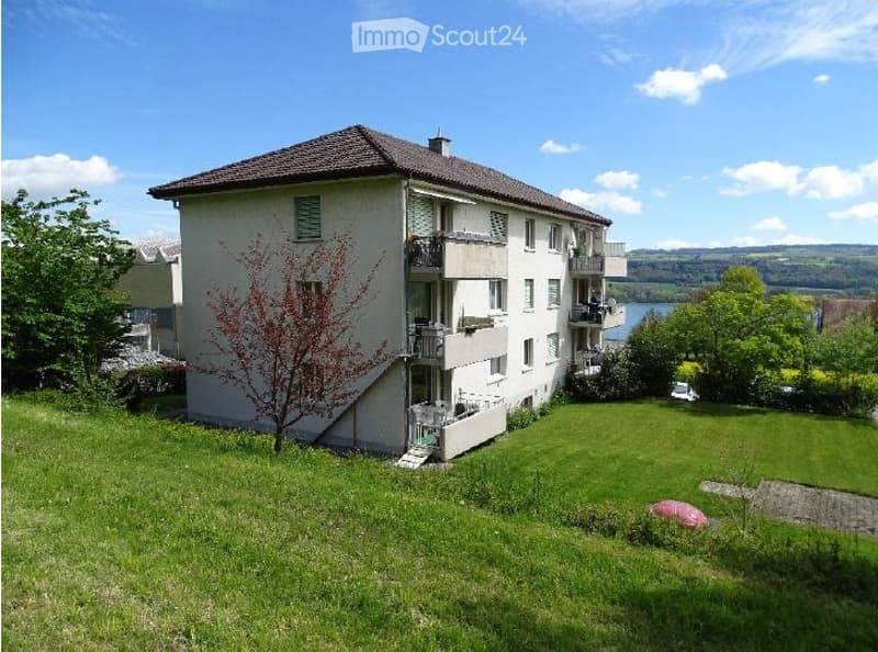 Multi-story residential building with balconies overlooking a scenic lake view, surrounded by green lawn and trees.
