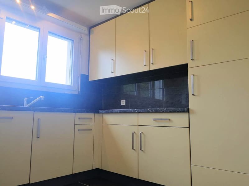 Modern kitchen with light-colored cabinets, black countertops, and a window above the sink.