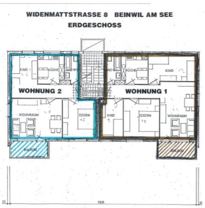 Ground floor floor plan of a building with two apartments, each containing a kitchen, living room, bedrooms, and bathrooms. Balconies are present.