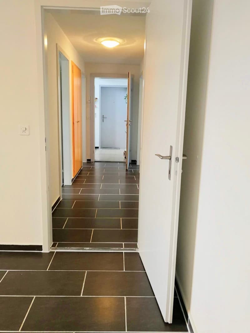 A clean, well-lit hallway with dark tiled flooring, white walls, and several doors leading to other rooms.
