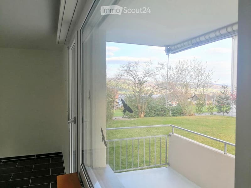 Balcony with a metal railing, tiled floor, and a view of a green lawn and trees.
