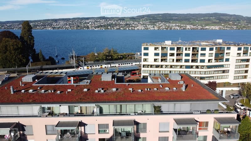 Aerial view of a modern building complex with a rooftop garden, overlooking a lake and distant cityscape.