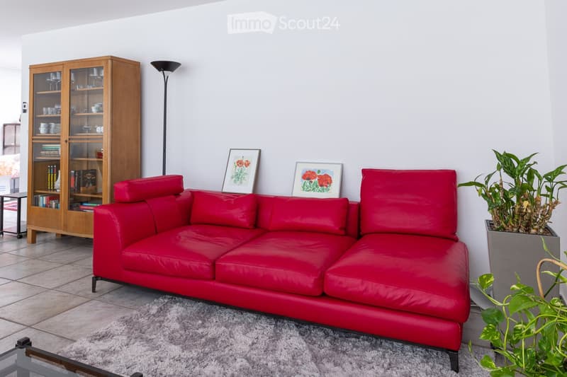 Modern living room with a red leather sofa, wooden cabinet with glass doors, floor lamp, picture frames, and a potted plant.