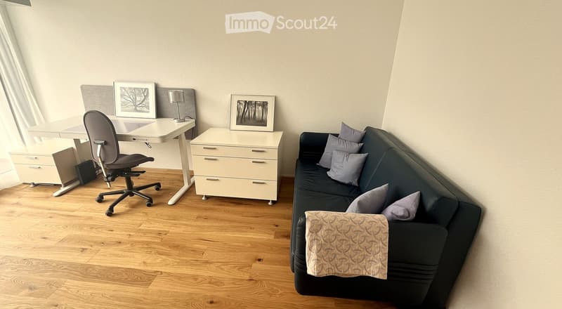 A modern, multi-functional room with a dark grey sofa, a white desk with a chair, a small cabinet, and framed artwork on the wall. The room features light wooden flooring and large windows with white curtains.