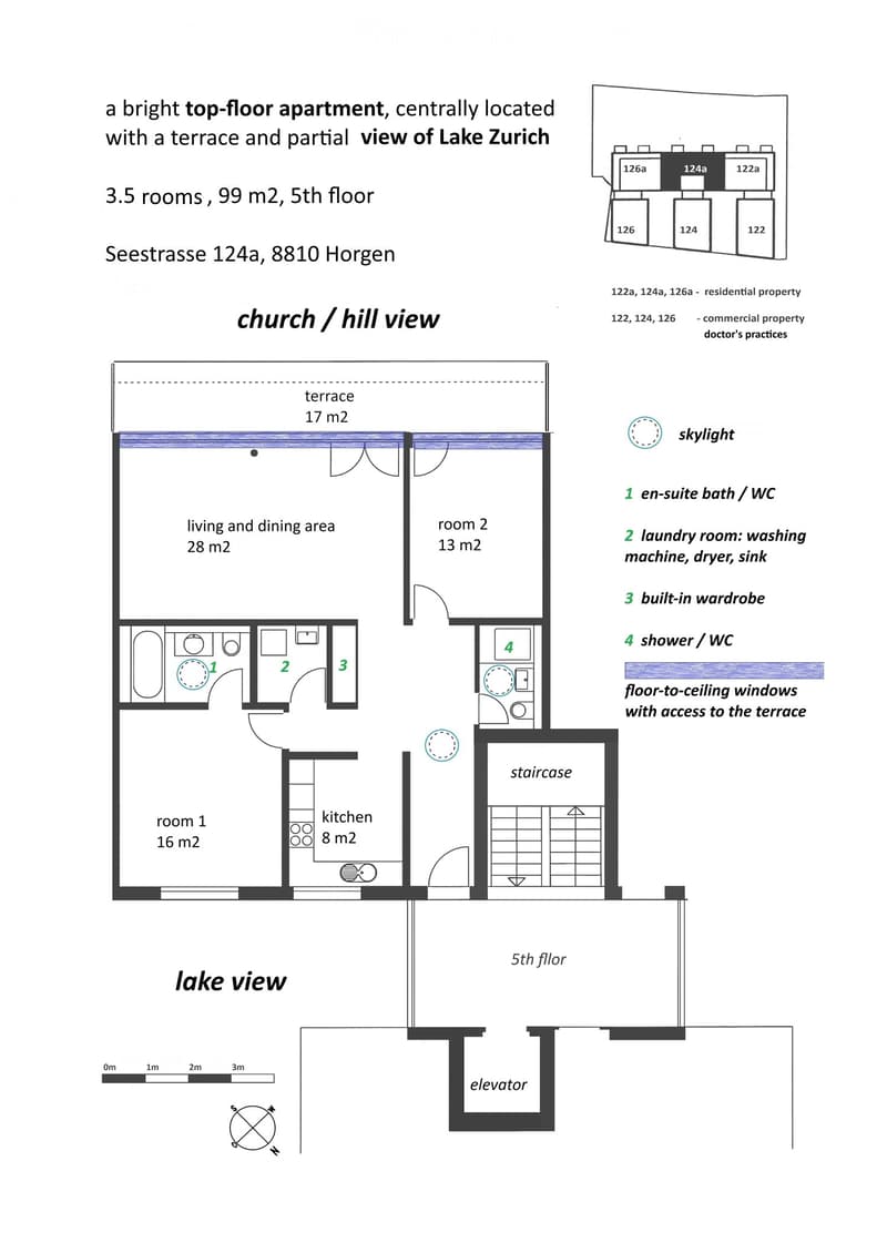 Floor plan of a 3.5-room apartment on the 5th floor, featuring a living and dining area, two bedrooms, a kitchen, a bathroom, a laundry room, and a terrace with views of Lake Zurich and a church/hill.