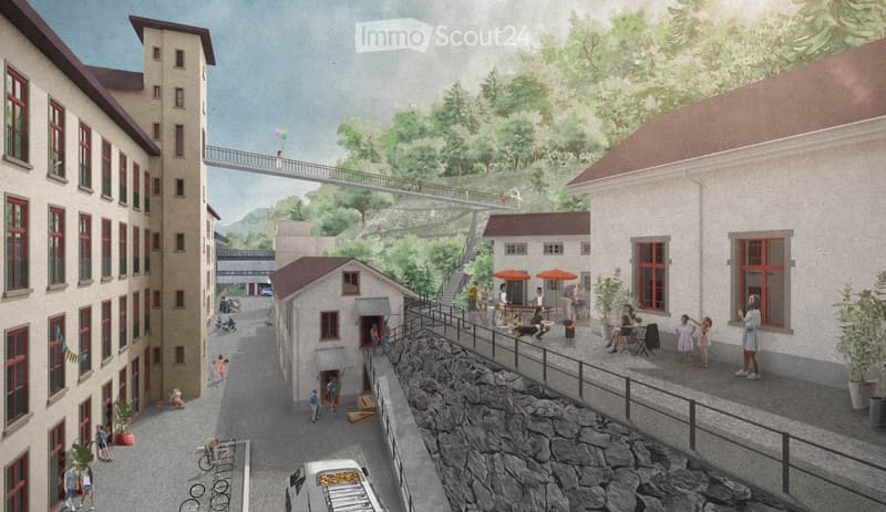 A detailed architectural rendering of a multi-story building complex with a modern design, featuring a raised ground floor, outdoor seating areas, and a bridge connecting to another structure. The scene includes people, bicycles, and greenery.