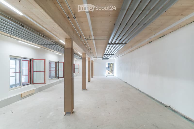 Empty hallway with white walls, wooden ceiling beams, exposed metal ductwork, and large windows with red frames. The floor is concrete, and the space is well-lit with linear ceiling lights.