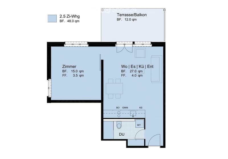 Floor plan of a 2.5-room apartment with a living/dining/kitchen area, bedroom, bathroom, and balcony.