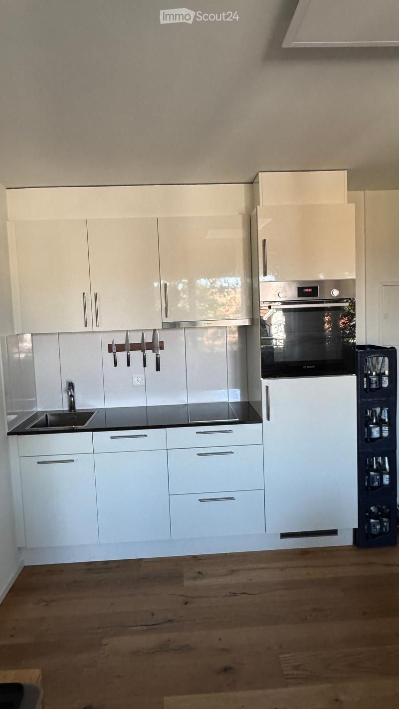 Modern kitchen with white cabinets, stainless steel sink, oven, and knife rack. Wooden flooring and sleek design.