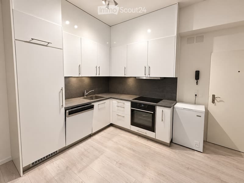Modern kitchen with white cabinets, stainless steel appliances, and light wooden flooring.