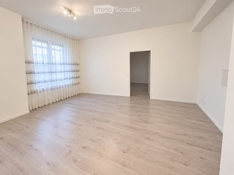 Empty room with light wooden flooring, white walls, large window with sheer curtains, and a doorway leading to another space.