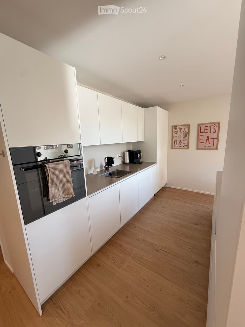 Modern kitchen with white cabinets, wooden flooring, stainless steel sink, oven, and coffee maker on the counter.