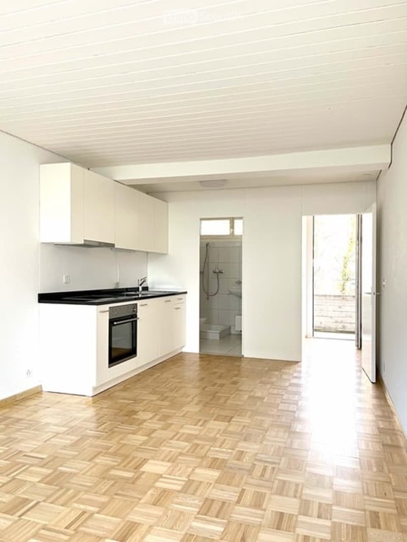 Modern, minimalist kitchen with white cabinets, black countertop, and a small sink area. The floor is made of light wooden parquet, and there is a visible bathroom area through an open doorway.