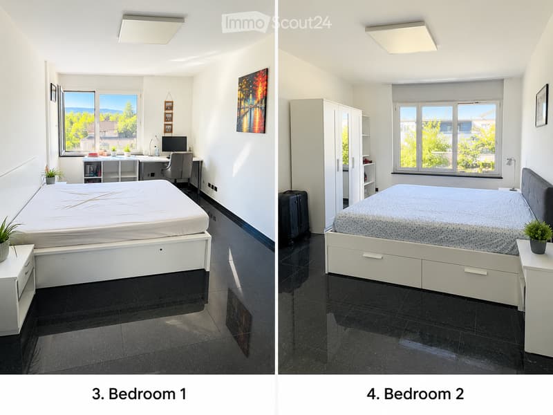Two modern bedrooms with large windows, black tiled floors, and white furniture. Bedroom1 features a bed, desk with a laptop, and a nightstand with a plant. Bedroom 2 includes a bed, wardrobe, and a suitcase near the window.