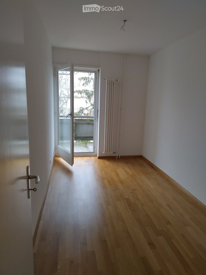 Empty room with light wooden flooring, white walls, and a radiator. A glass door with a view of the outside is open, allowing natural light to enter.