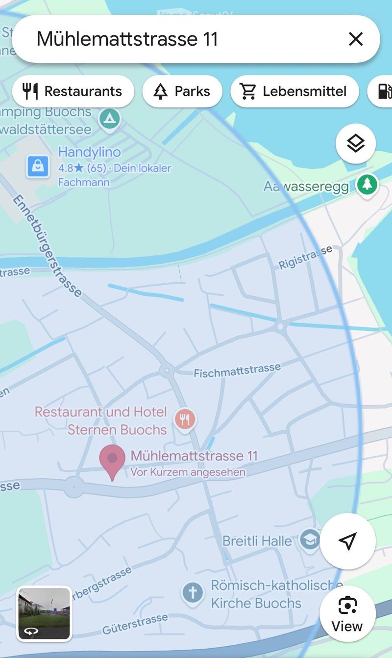 Map view showing the location of Mühlemattstrasse 11 with surrounding streets, landmarks, and nearby points of interest.