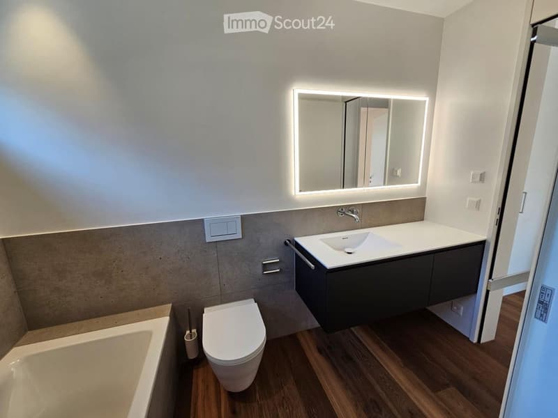 Modern bathroom with a white toilet, bathtub, sink, and illuminated mirror above the sink. The walls are tiled in a two-tone design, and the floor is wooden.