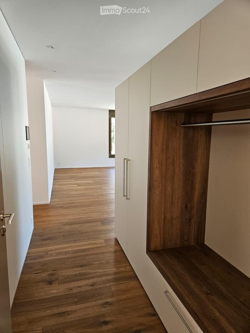 Modern hallway with wooden flooring, white walls, built-in closet with wooden shelves and drawers, and recessed lighting.