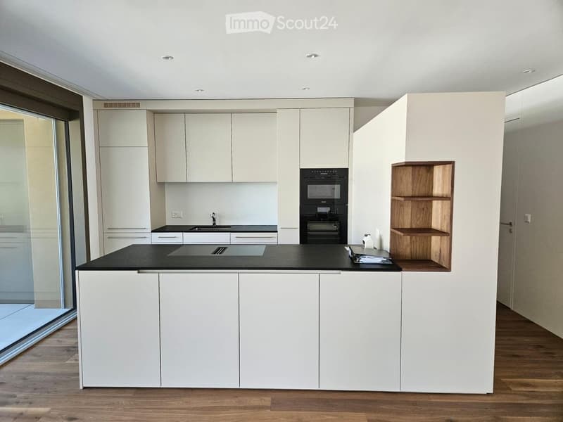 Modern kitchen with white cabinets, black countertop, built-in oven, and wooden shelving unit.