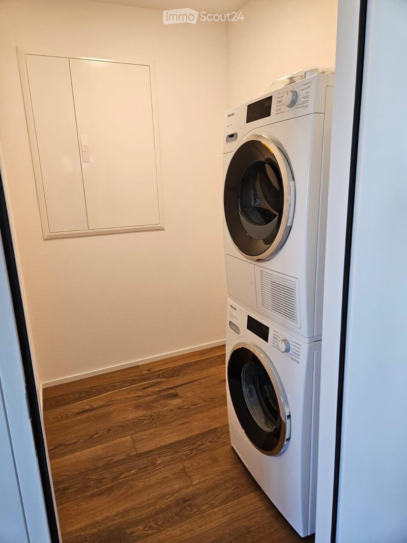 A small, well-lit room with wooden flooring and white walls, featuring a modern washing machine and a built-in cabinet.