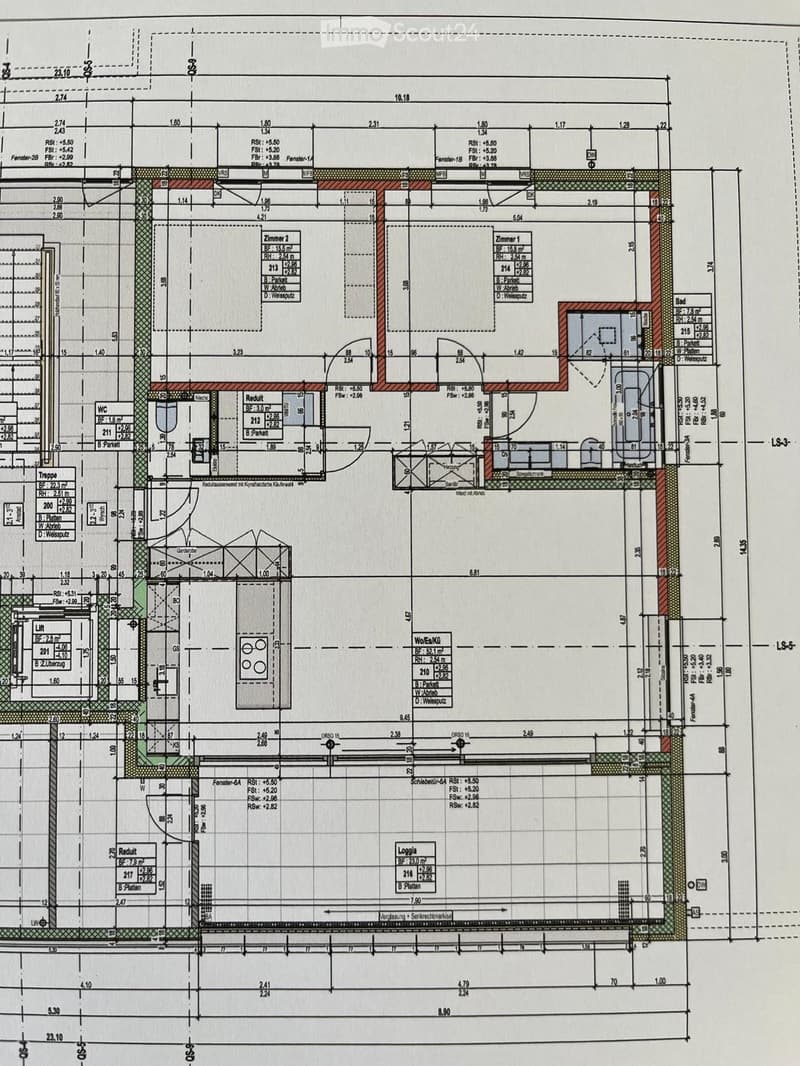 Floor plan showing multiple rooms including bedrooms, bathrooms, living areas, and a loggia. Dimensions and room labels are indicated.