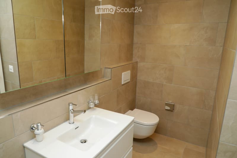 Modern bathroom with beige tiled walls and floor, white sink with chrome faucet, toilet, large mirror, and soap dispenser.