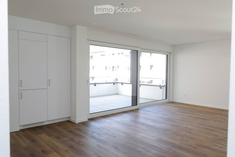 Empty room with wooden flooring, white walls, large sliding glass doors leading to a balcony, and built-in white cabinetry.