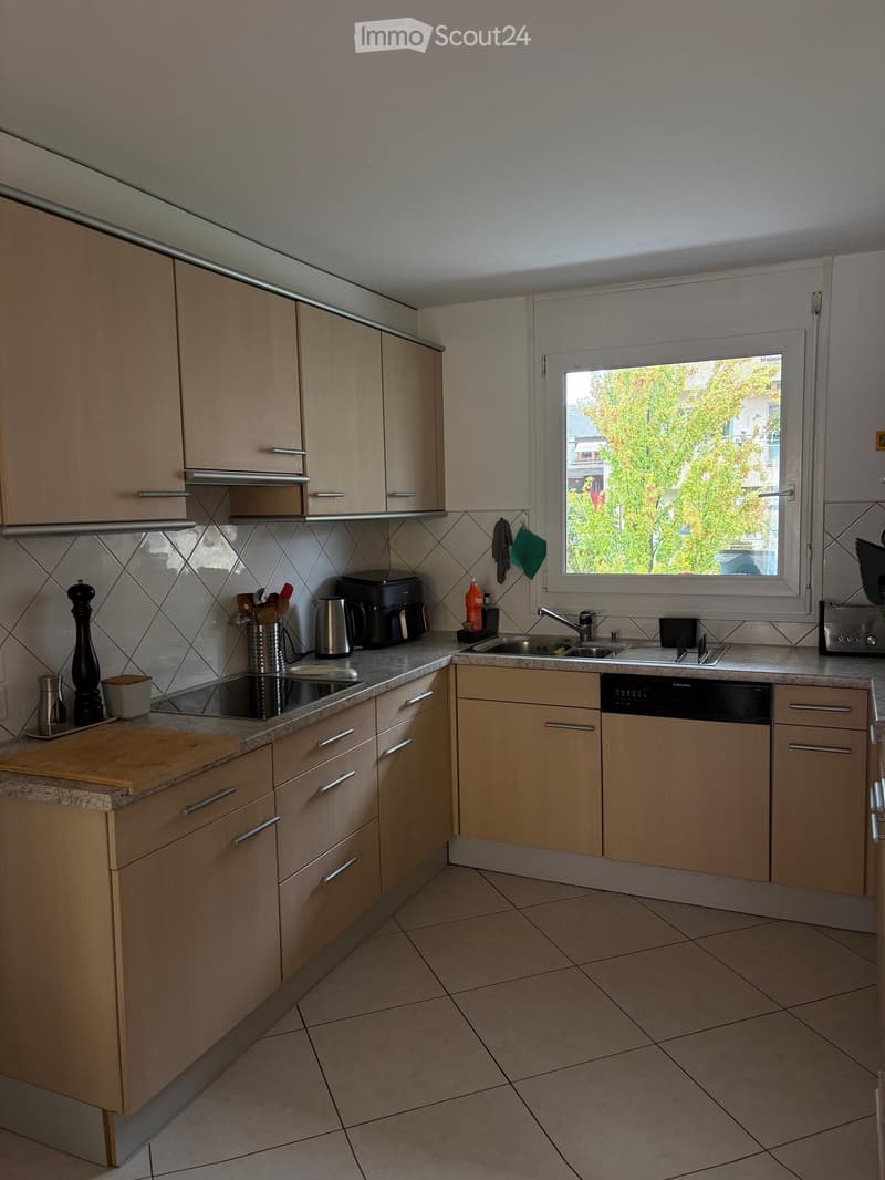 Modern kitchen with light wooden cabinets, granite countertops, stainless steel appliances, and a window overlooking a tree-lined street.