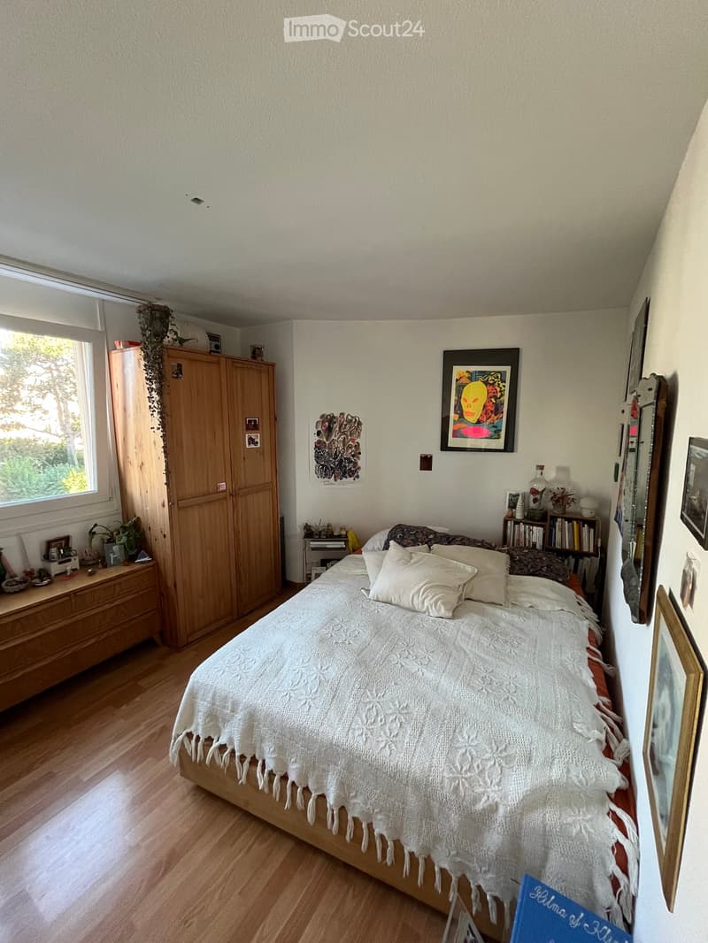 Cozy bedroom with a wooden bed, white bedding, a large wardrobe, a nightstand with a lamp, a bookshelf, and several decorative items including framed pictures and a plant.