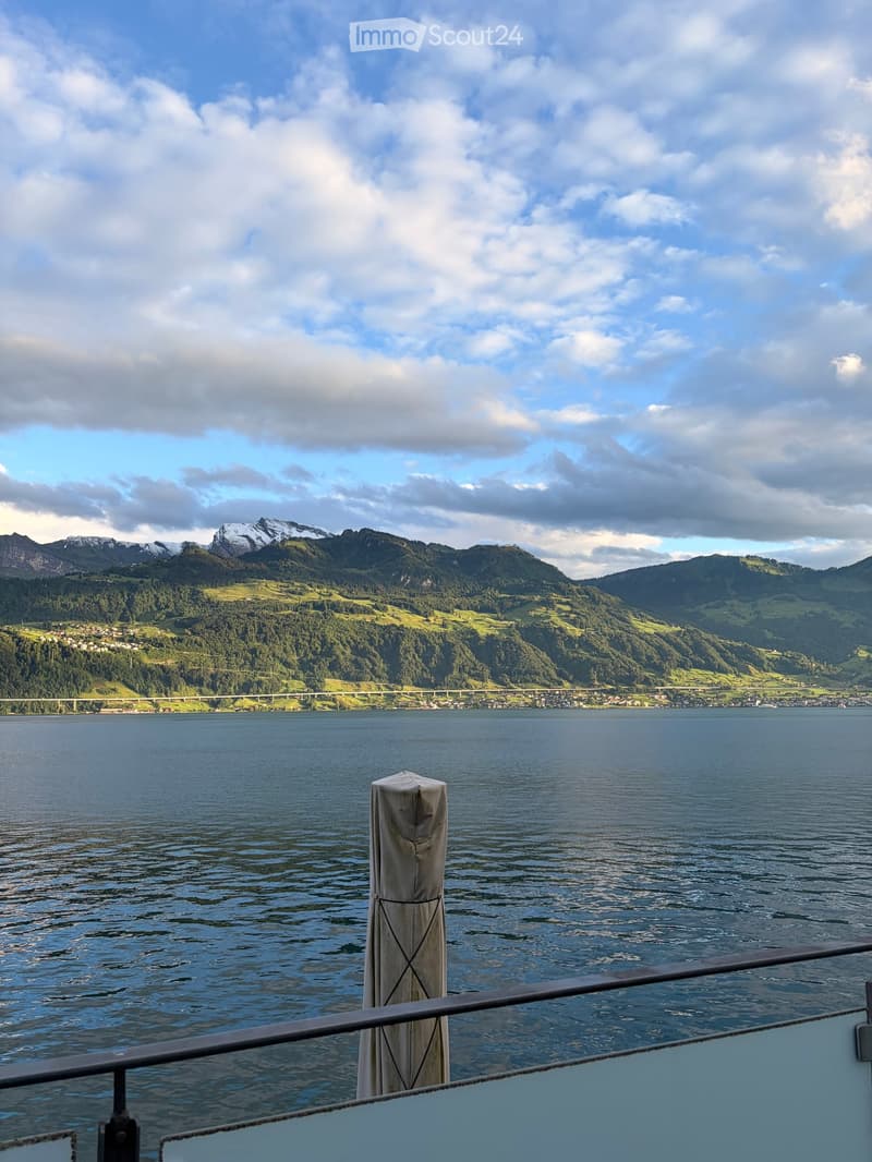 A scenic view of a lake with snow-capped mountains in the background, featuring a calm water surface and a distant town.