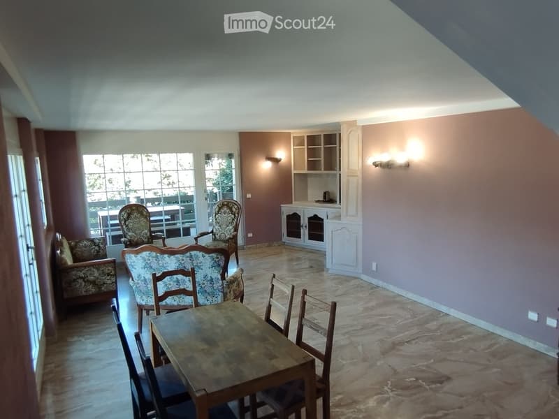 A spacious living and dining area with a mix of modern and traditional furniture, including a sofa, armchairs, a dining table with chairs, and a built-in cabinet.