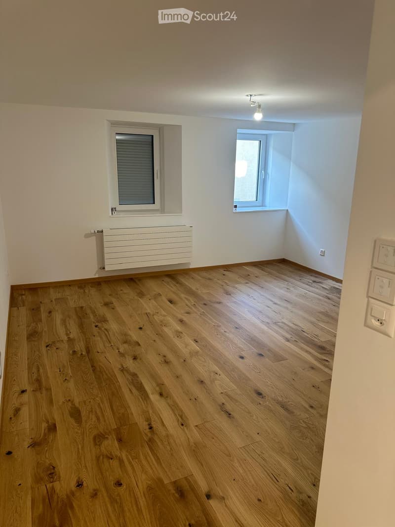 Empty room with wooden flooring, white walls, two windows, radiator, and light fixture.