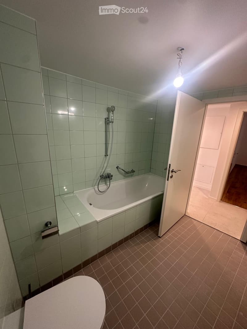 Bathroom with a bathtub, toilet, and shower area with green tiles. The floor is tiled in brown tiles, and there is a white door leading to another room.