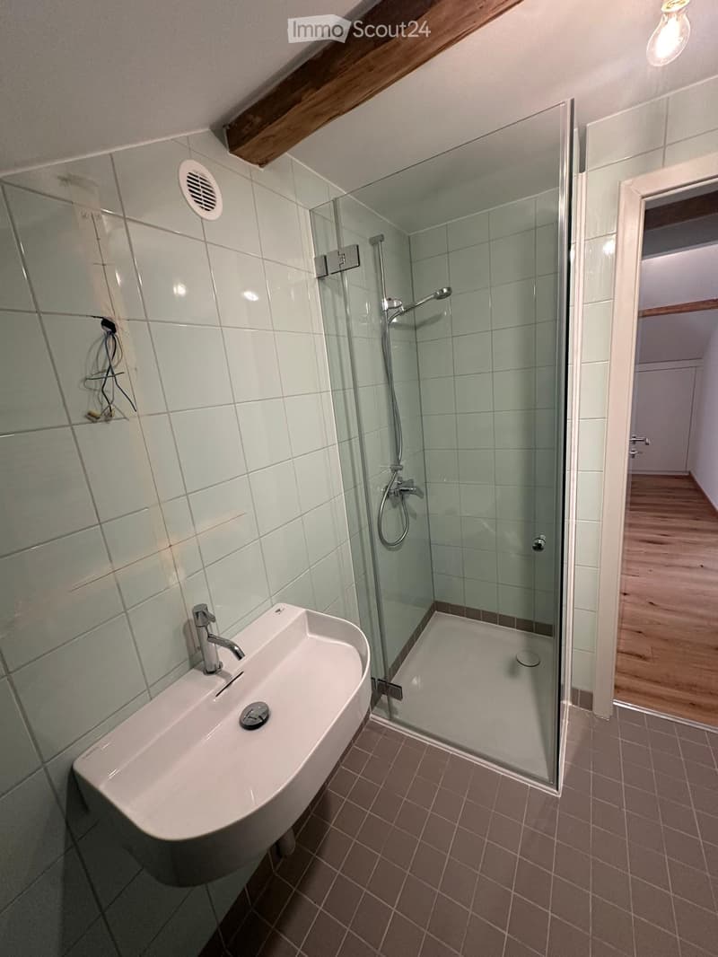 Modern bathroom with a white sink, glass-enclosed shower, and tiled walls.