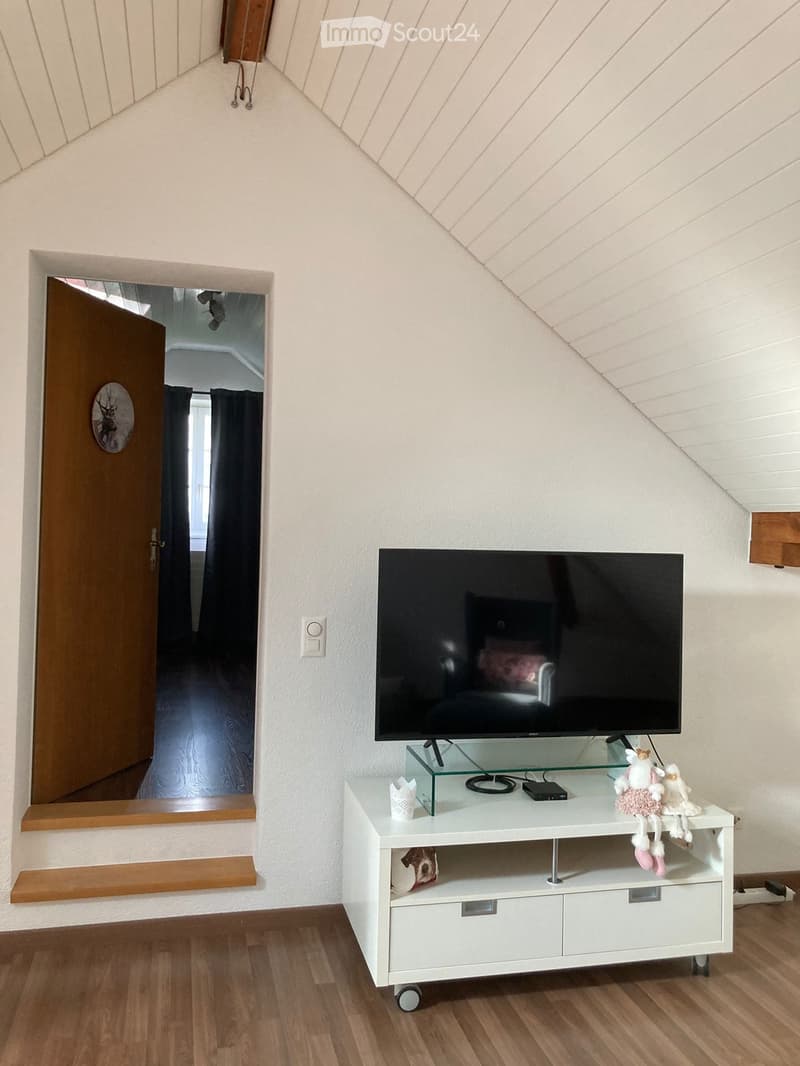 Living room with a large flat-screen TV on a white TV stand, decorative figurines, and a wooden floor.