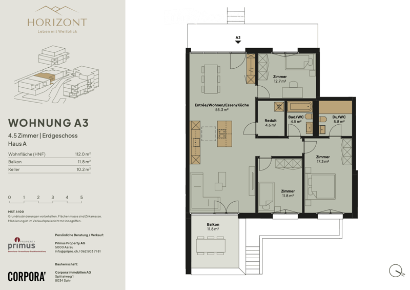 Floor plan of a 4.5-room apartment on the ground floor, including entrance/living/dining/kitchen area, three bedrooms, bathroom, and balcony.