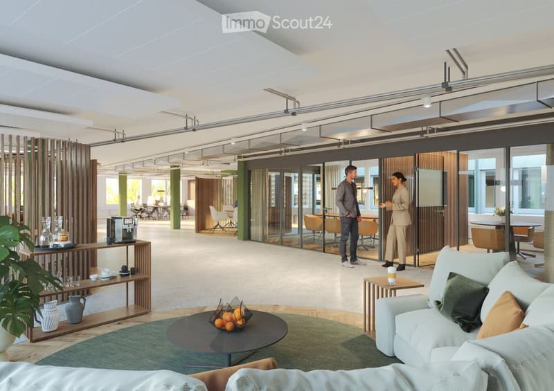 Modern, open-plan living area with a white sofa, coffee table, side table, and decorative items. Glass partitions separate the space, with additional seating and tables visible in the background.