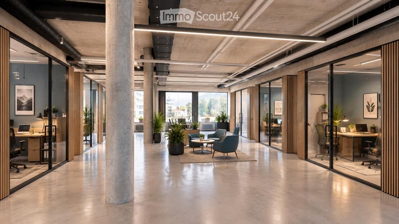 Modern office space with glass partitions, desks, chairs, laptops, potted plants, and artwork on the walls.