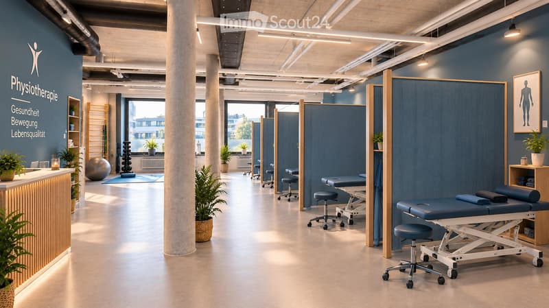Modern physiotherapy clinic with treatment tables, stools, exercise ball, plants, and a reception area.