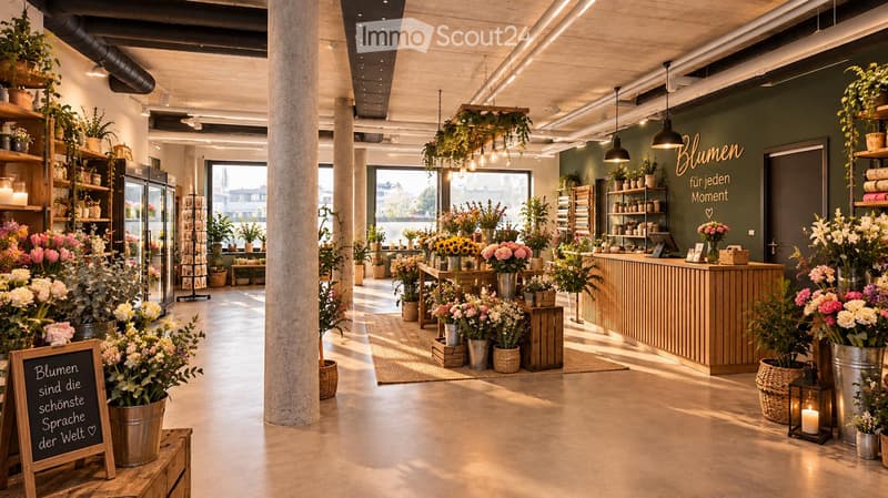 A modern flower shop interior with a wooden counter, shelves filled with potted plants, flower arrangements, and decorative items. The space features large windows, exposed wooden beams, and hanging plants, creating a bright and inviting atmosphere.