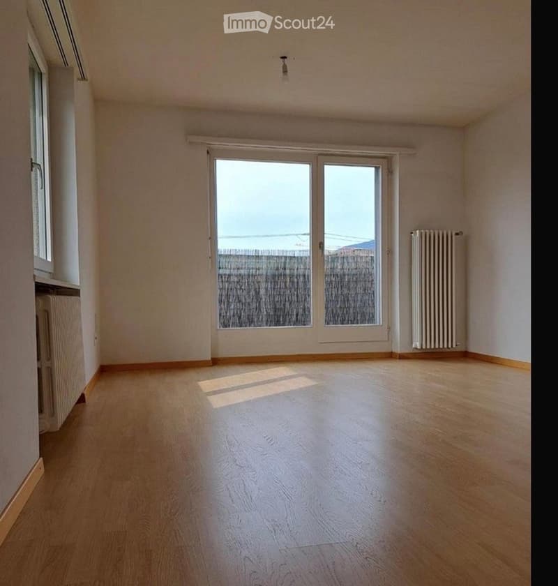Empty room with light wooden flooring, white walls, and large windows with blinds. Radiators are visible on the walls.