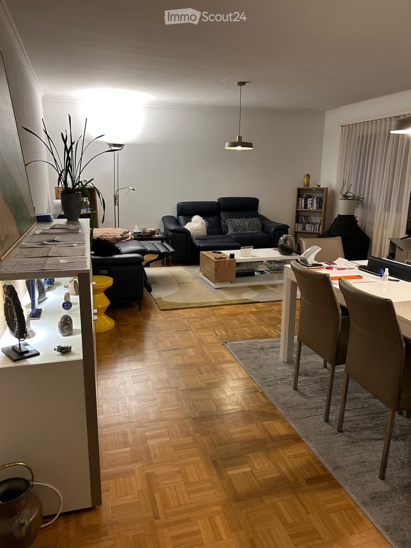 A modern living room with wooden flooring, a black leather sofa, a coffee table, a dining table with chairs, a bookshelf, and decorative plants.