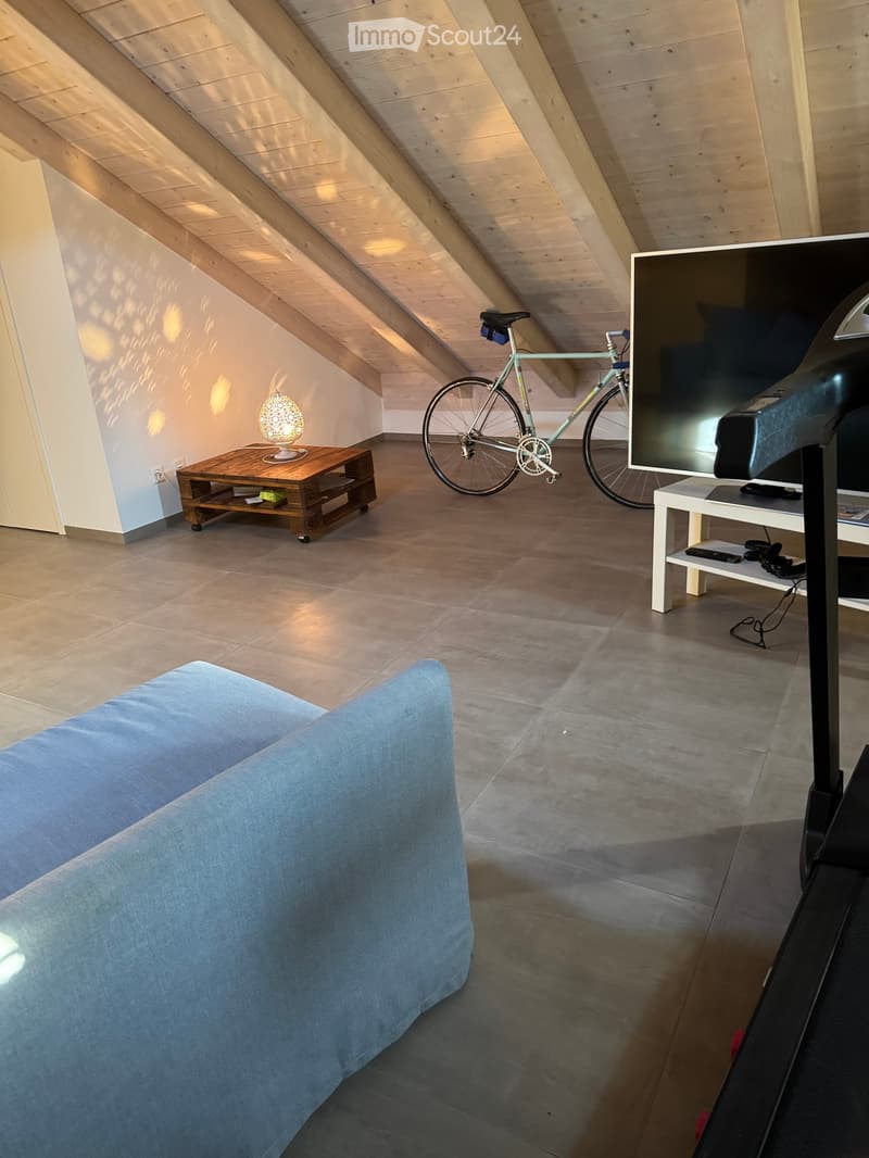 Modern living room with exposed wooden beams, a blue sofa, a wooden coffee table with a lamp, a flat-screen TV on a white stand, and a bicycle leaning against the wall.
