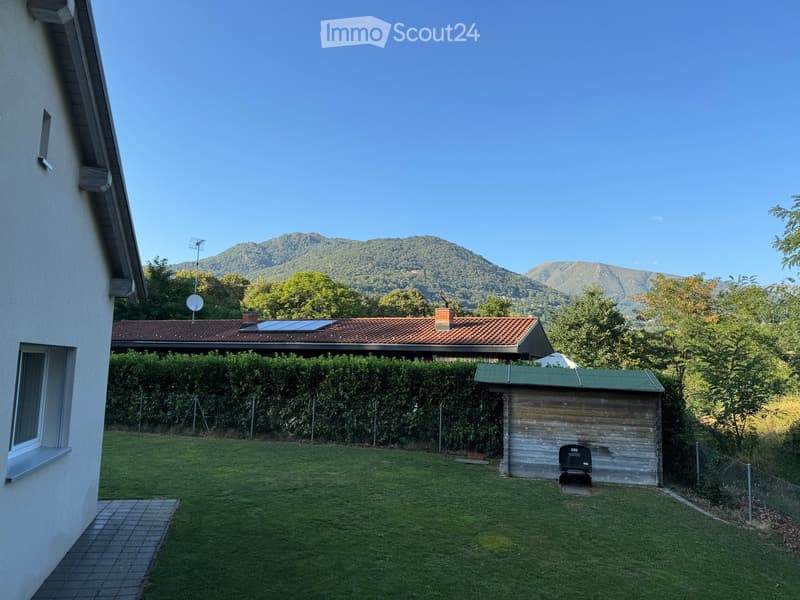 Well-maintained lawn with a wooden shed, solar panels on a neighboring roof, and distant mountain view.