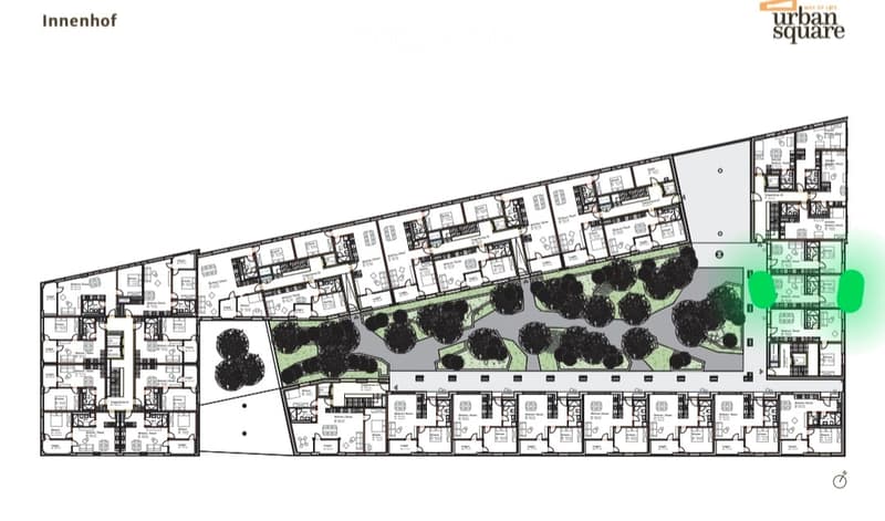 Floor plan of a multi-story residential building with numerous apartments, common areas, and green spaces.